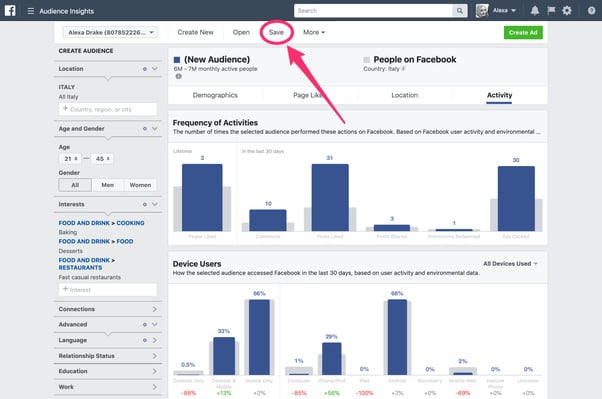 the audience insights page with an arrow pointing to the save button